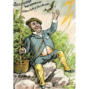 Celluloid Waterproof Collars Cuff Lightning Rain Fishing Victorian Trade Card!